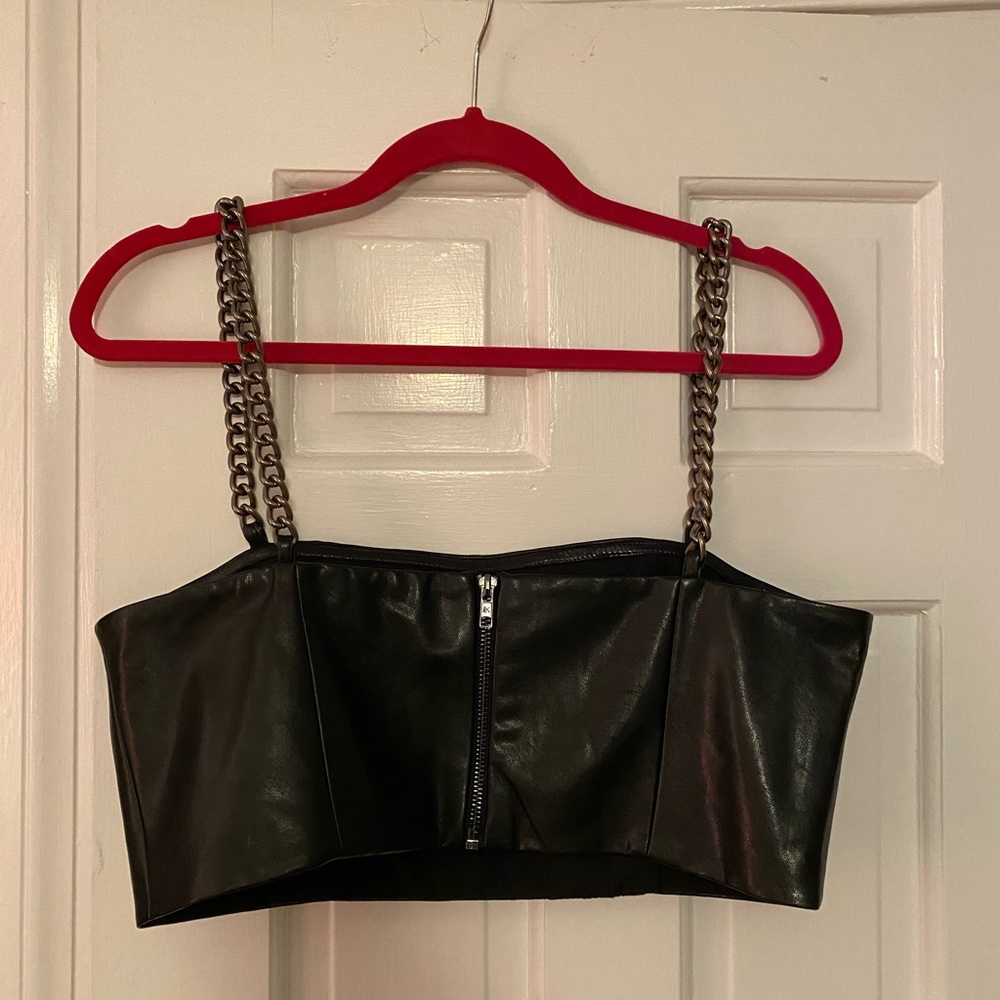 Black Leather Crop Top with Chain Straps - Picture 5 of 7